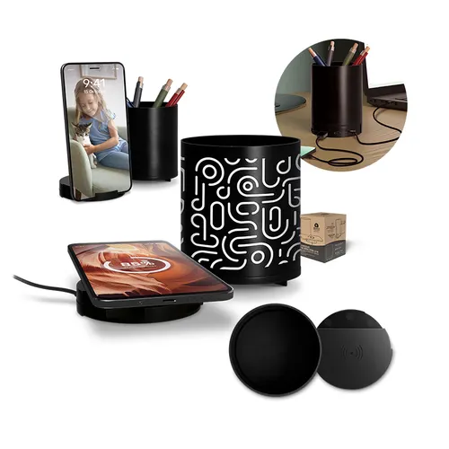 Chargeur par induction 10w personnalisé avec fonction hub et pot a crayons en ralu