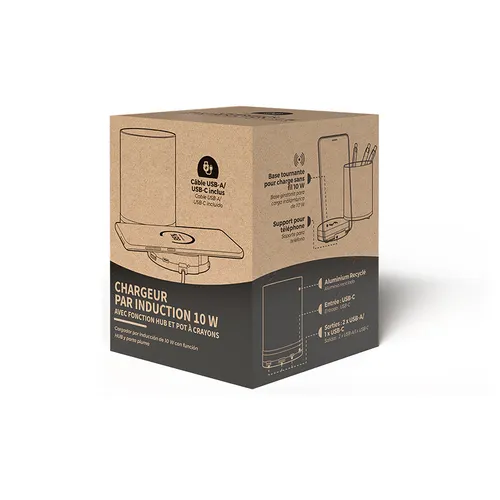 Chargeur par induction 10w personnalisé avec fonction hub et pot a crayons en ralu