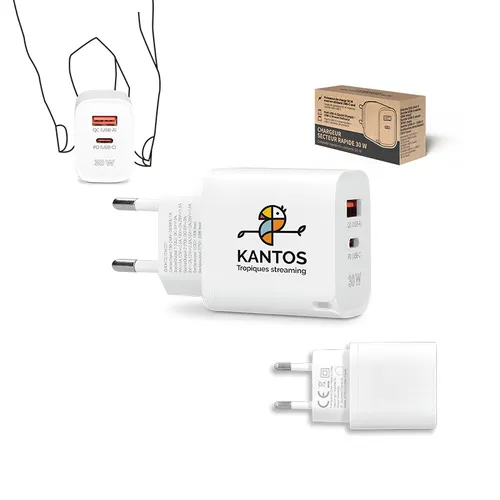 Chargeur secteur rapide 30 w personnalisable sorties usb qc & type-c pd