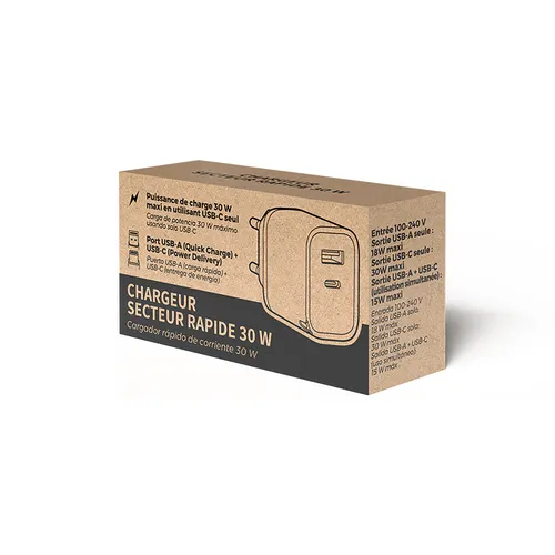 Chargeur secteur rapide 30 w personnalisable sorties usb qc & type-c pd