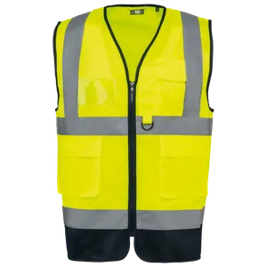 Gilet de sécurité haute visibilité recyclé avec zip unisexe - WK. Designed To Work | Hi Viz Yellow / Navy