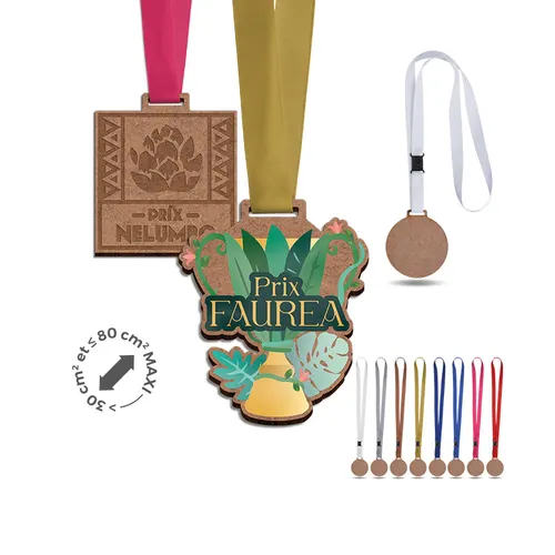 Medaille mdf ep 3 mm entre 30 et maxi 80 cm2 personnalisée avec cordon satin