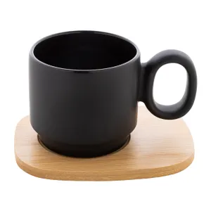 Mug en céramique avec plateau en bambou - Kaguya | Noir