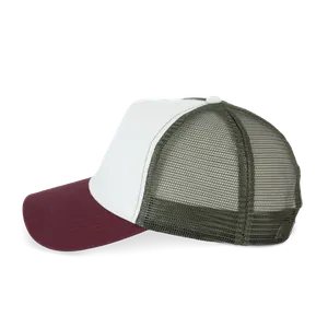 Casquette trucker écoresponsable personnalisée 5 panneaux unisexe - Native Spirit | Ivory / Dark Cherry / Organic Khaki