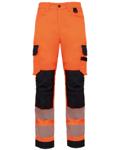Pantalon de sécurité recyclé multipoches unisexe - WK. Designed To Work | Hi Viz Orange / Navy
