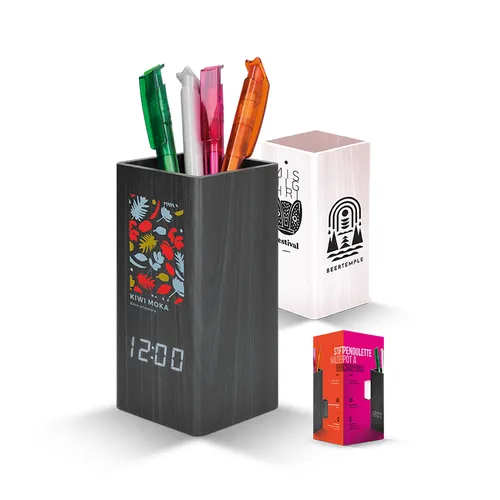 Pendulette personnalisée avec pot a crayons et thermometre, horloge de bureau