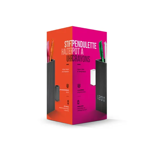 Pendulette personnalisée avec pot a crayons et thermometre, horloge de bureau