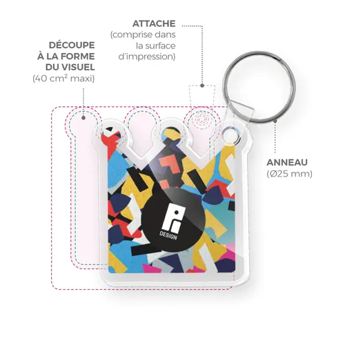 Porte cle création pmma ep 3mm personnalisé entre 20 cm2 maxi 40 cm2