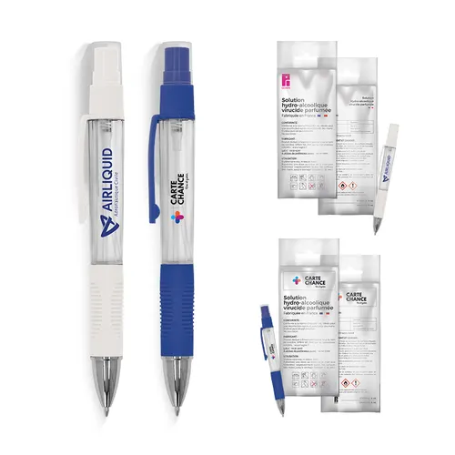Stylo bille personnalisé avec vaporisateur 4 ml solution hydroalcoolique