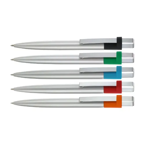 Stylo bille publicitaire ecriture bleue corps et clip metal