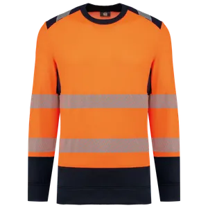 Sweat-shirt de sécurité recyclé col rond unisexe - WK. Designed To Work | Hi Viz Orange / Navy