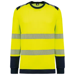T-shirt de sécurité recyclé col rond manches longues unisexe - WK. Designed To Work | Hi Viz Yellow / Navy