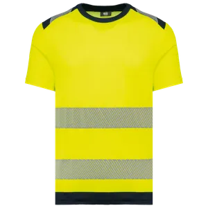 T-shirt de sécurité recyclé manches courtes unisexe - WK. Designed To Work | Hi Viz Yellow / Navy