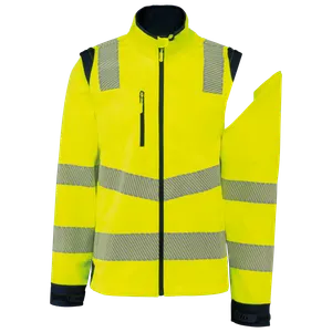 Veste softshell de sécurité recyclée avec manches détachables unisexe - WK. Designed To Work | Hi Viz Yellow / Navy